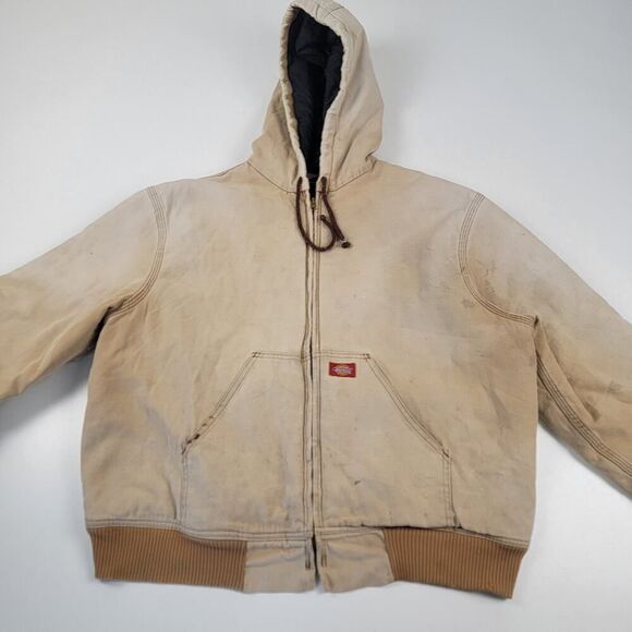 Vintage Y2K Dickies Beige Duck Canvas Hooded Work Wear Distressed Jacket Large - Picture 2 of 12